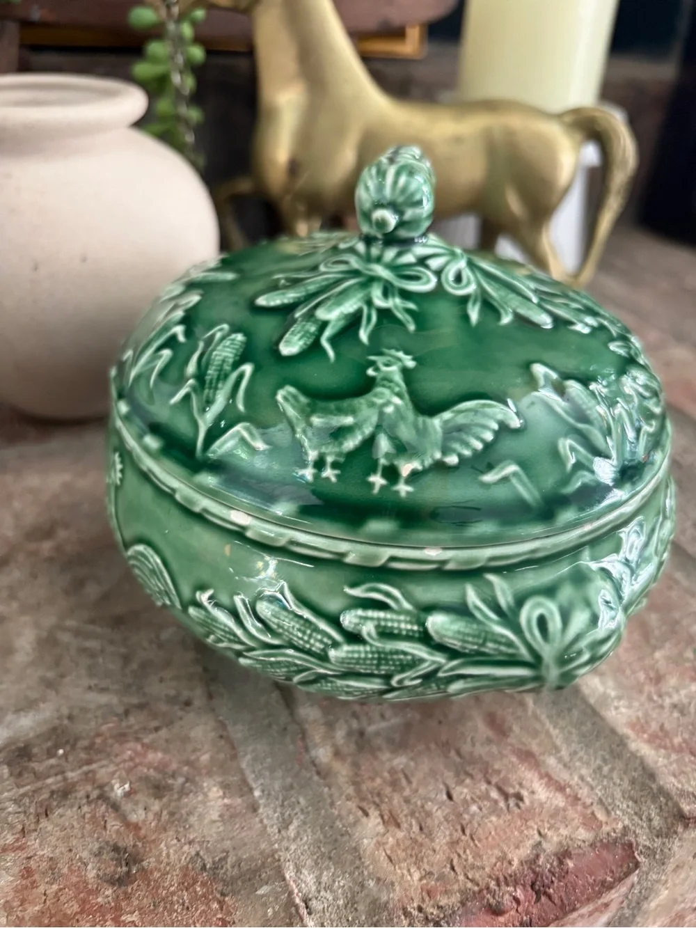 Vintage Sur La Table rooster and corn dish with lid, Portugal
